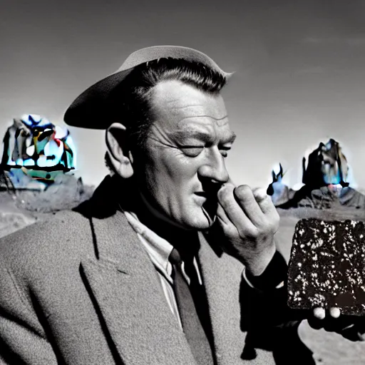 Image similar to a cinematic 5 0 s portrait photography of john wayne eating chocolate chunk space cookies, cowboy, monument valley landscape, farwest,