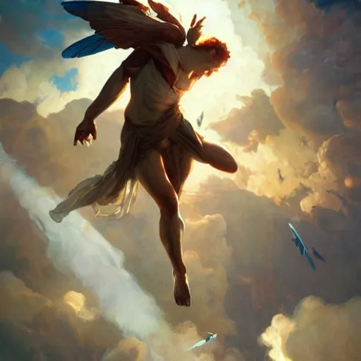 Image similar to Icarus falling from the sky, dramatic light, highly detailed, digital painting, artstation, concept art, sharp focus, illustration, art by artgerm and greg rutkowski and alphonse mucha