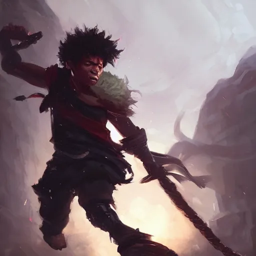 Prompt: deku wielding black whip, oil painting, Tooth Wu, Greg Rutkowski, RPG portrait, dynamic lighting, fantasy art, High contrast, depth of field