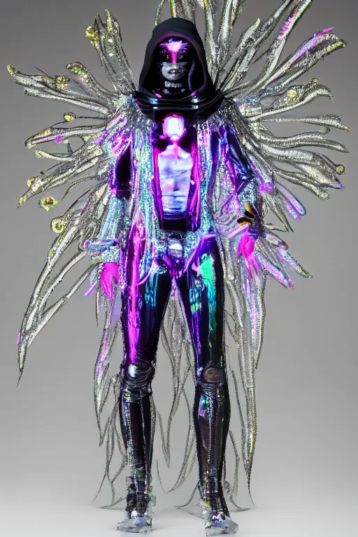 Image similar to full-body rococo and cyberpunk delicate crystalline sculpture of a muscular iridescent slender Latino male as a humanoid deity wearing a thin see-through plastic hooded cloak sim roupa, posing like a superhero, glowing pink face, crown of white lasers, large diamonds, swirling black silk fabric. futuristic elements. oozing glowing liquid, full-length view. space robots. human skulls. throne made of bones, intricate artwork by caravaggio. Trending on artstation, octane render, cinematic lighting from the right, hyper realism, octane render, 8k, depth of field, 3D