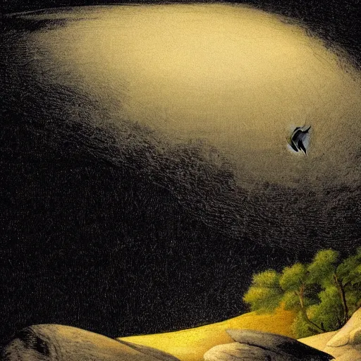 Prompt: Sisyphus pushing a rockup a hill, lit by a full moon, dynamic lightning, baroque elements