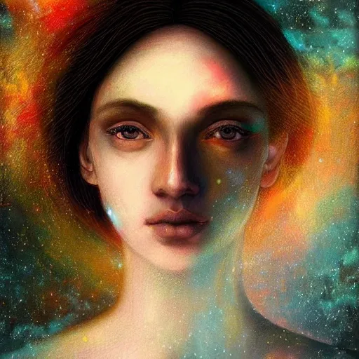 Image similar to beautiful detailed artistic portrait of a person travelling between different astral planes. the universe observing itself. grainy and rough. fine detail. soft colour scheme. artistic painting by lurid ( 2 0 2 2 ). featured on deviantart.