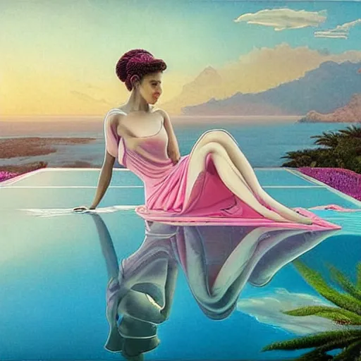 Image similar to masterpiece, hyperrealistic surrealism, award winning masterpiece with incredible details, epic stunning, infinity pool, a surreal vaporwave liminal space, highly detailed, trending on ArtStation, calming, meditative, pink arches, flowing silk sheets, palm trees, very vaporwave, very very surreal, sharp details, dreamscape, artgerm and greg rutkowski and alphonse mucha, daily deviation, IAMAG