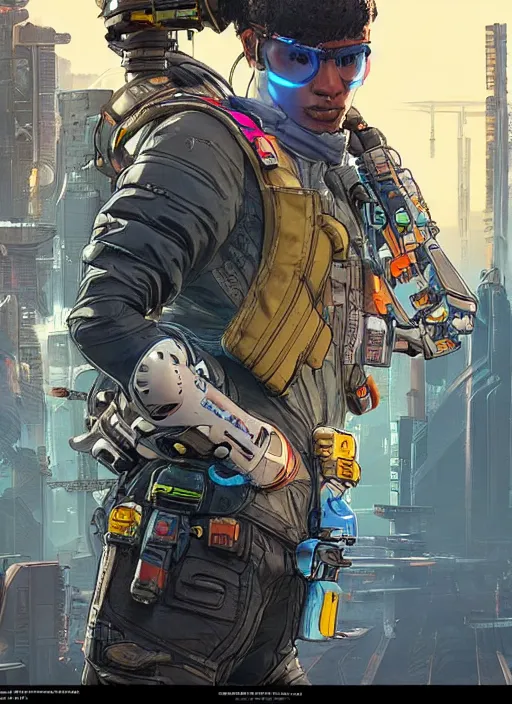 Image similar to apex legends cyberpunk free runner. concept art by james gurney and mœbius. gorgeous face, cinematic, dramatic lighting ( cyberpunk 2 0 7 7 ), clean aesthetic