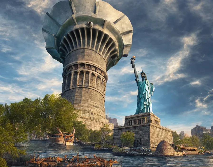 Image similar to giant metal mushroom instead statue of liberty, beautiful graphics, fantasy artwork, very beautiful scenery, hd, hdr, ue 5, ue 6, unreal engine 5, cinematic 4 k wallpaper, 8 k, ultra detailed