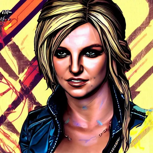 Image similar to britney spears portrait, borderlands, tales from the borderlands, the wolf among us, comic, cinematic lighting, studio quality, 8 k