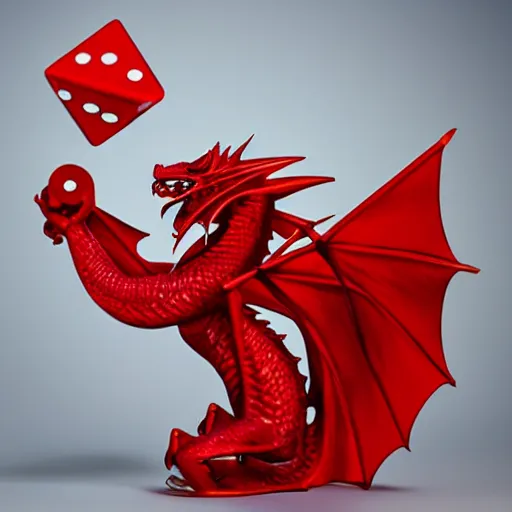 Image similar to a red dragon holding a red die, white background