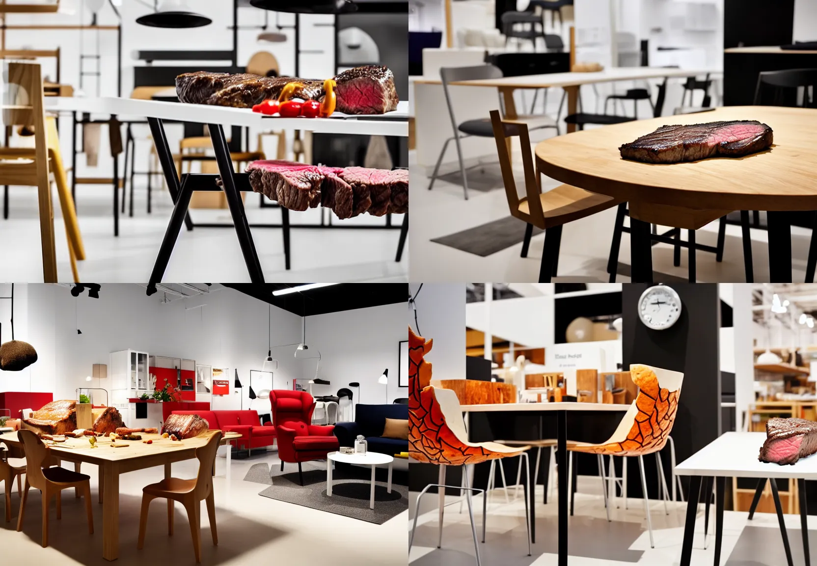 Prompt: a close up photograph of an ikea showroom with a steak carved into a chair, whacky designs, interior design