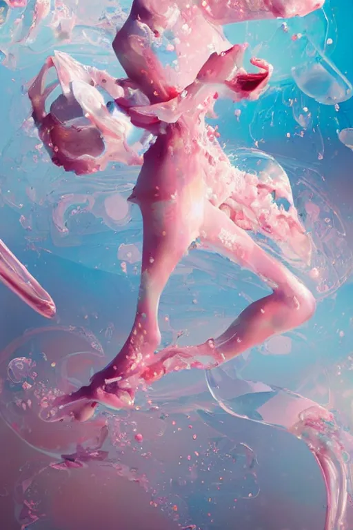 Prompt: epic 3 d abstract, spinning hands and feet, 1 2 mm, with cerulean and pastel pink peanut butter crepes melting smoothly into asymmetrical bubbles, liquid, delicate, beautiful, intricate, houdini sidefx, trending on artstation, by jeremy mann and ilya kuvshinov, jamie hewlett and ayami kojima