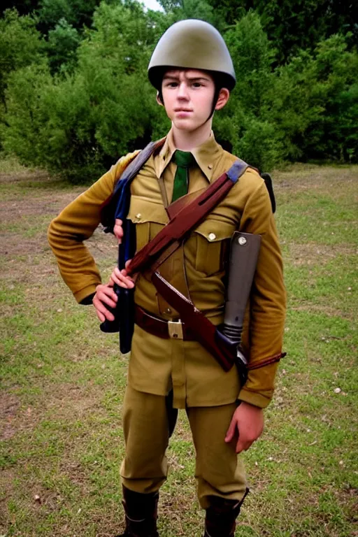 Image similar to character costume photograph of a teenage soldier in a film set in a world inspired by jean giraud moebius and geoff darrow