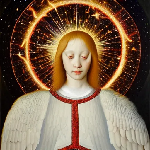Image similar to highdetailed hyperrealistic painting of white angel!!! no gender!!!, giant ball of miracle light from the chest!!!!!, white sparkles everywhere, lot of fire and stars overhead!!!, by jan van eyck, holography space, glow effect, large strokes, soft and clean, bright white color