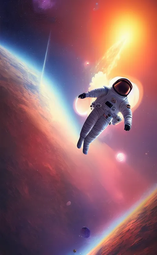 Image similar to astronaut in space by black hole by yongsung kim, sharp focus, intricate, elegant, digital painting, artstation, matte, highly detailed, concept art, illustration, volumetric lighting