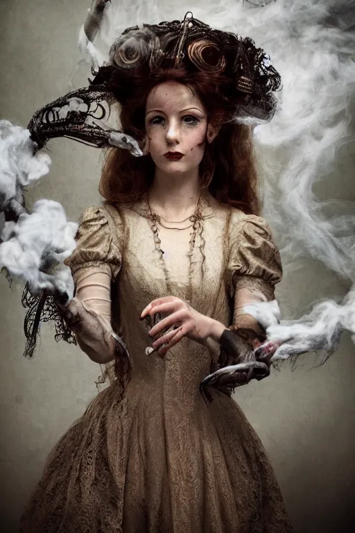 Prompt: 3 5 mm colour, italian looking emma, evil princess, victorian house, long brown hair, hyperrealism, octane render, weird, odd, strange, creepy, freakshow, extremely detailed, intricate smoke magic, lace, silk, style of david cronenberg, hyung tae, frank frazetta