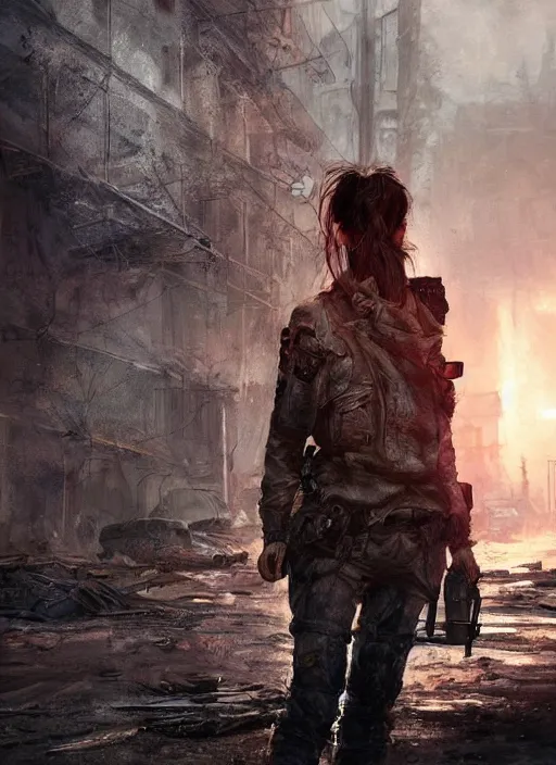 Image similar to portrait of a survivalist woman in a post apocalyptic city at dawn, beautiful digital concept art trending on artstation, ultra - realistic lifelike high details, cinematic lighting dystopian art