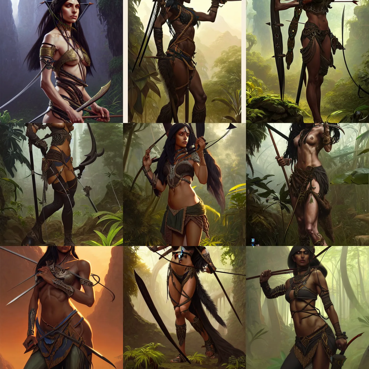 Image similar to portrait of a female dark elf archer, elegant, intricate, full frontal shot, jungle ruins background, highly detailed, digital painting, artstation, concept art, sharp focus, illustration, art by artgerm and greg rutkowski and alphonse mucha