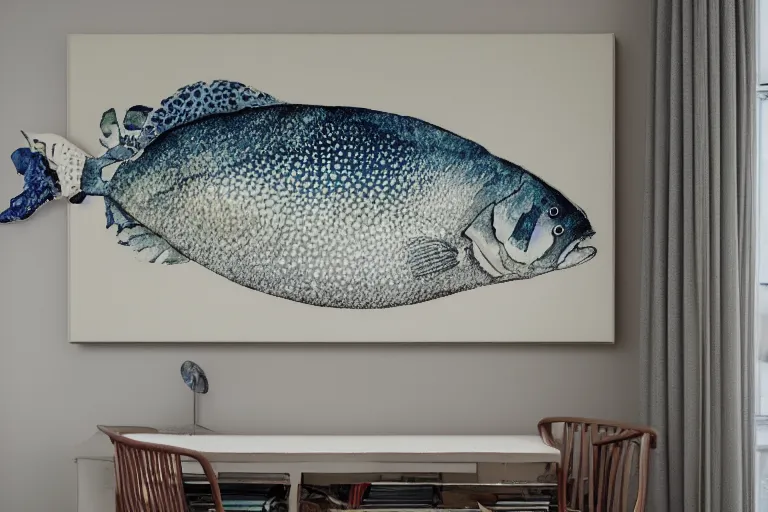 Image similar to charming and chubby huge fish, wearing a polka dot cloths and, lye on the fancy sofa, in the large and bright studio. sunlight enters through the barred window. delicate watercolor and pencil on canvas. beautiful lighting, 4 k post - processing, highly detailed, 5 k extremely detailed, 3 d. cinematic scene.