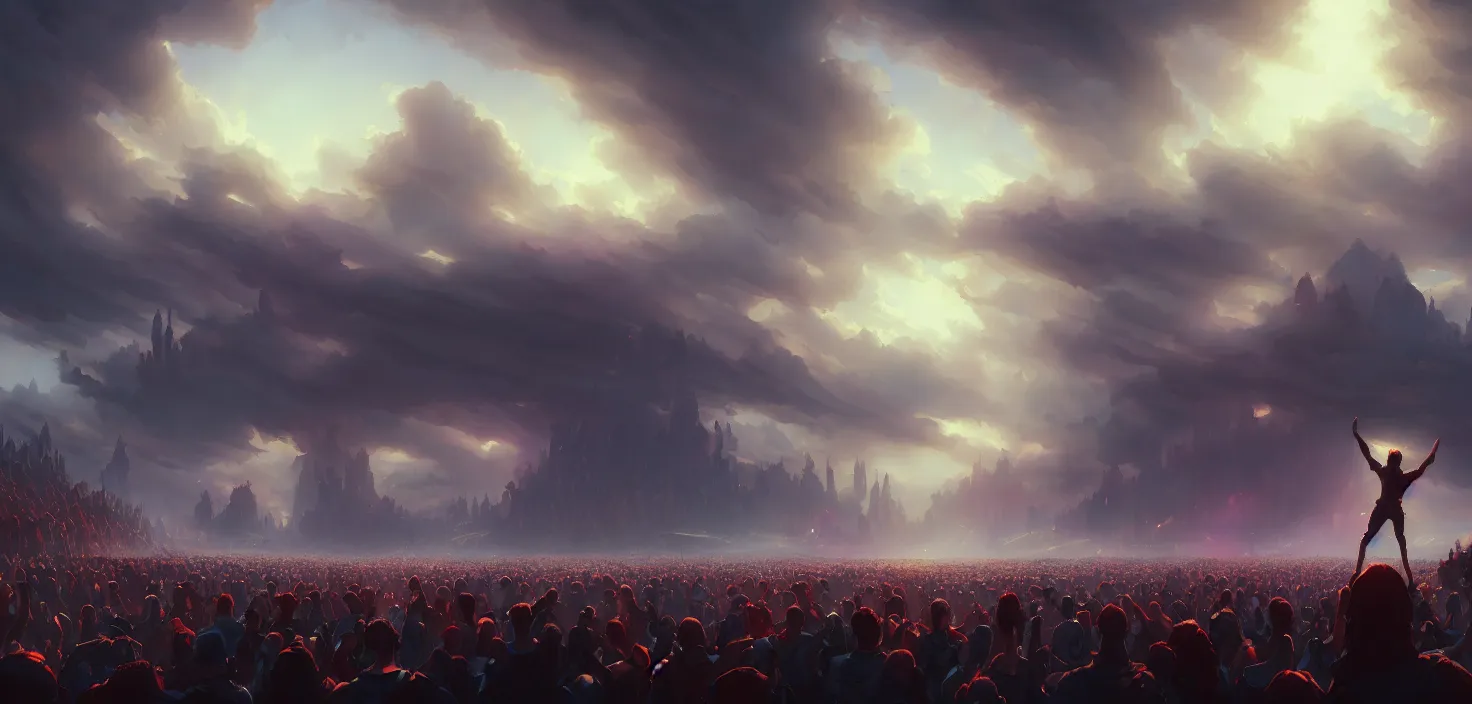 Image similar to painting of a crowd with raised arms pointing toward, cinematic view, epic sky, detailed, concept art, low angle, high detail, warm lighting, volumetric, godrays, vivid, beautiful, trending on artstation, by jordan grimmer, huge scene, art greg rutkowski