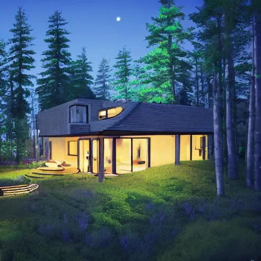 Prompt: cottage in clearing surrounded by trees, it is night, the windows are lit, concept art, aerial view, top down, drone, stylized