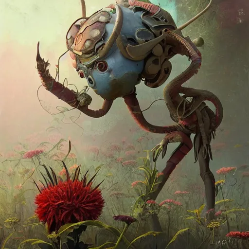 Image similar to exquisite flowers, imaginative alien creature poster art, humanoid, anthro, botanical illustration 8 k, octane render by lucusfilm weta studio tom bagshaw james jean frank frazetta, james gurney martine johanna and simon stalenhag and chie yoshii and casey weldon