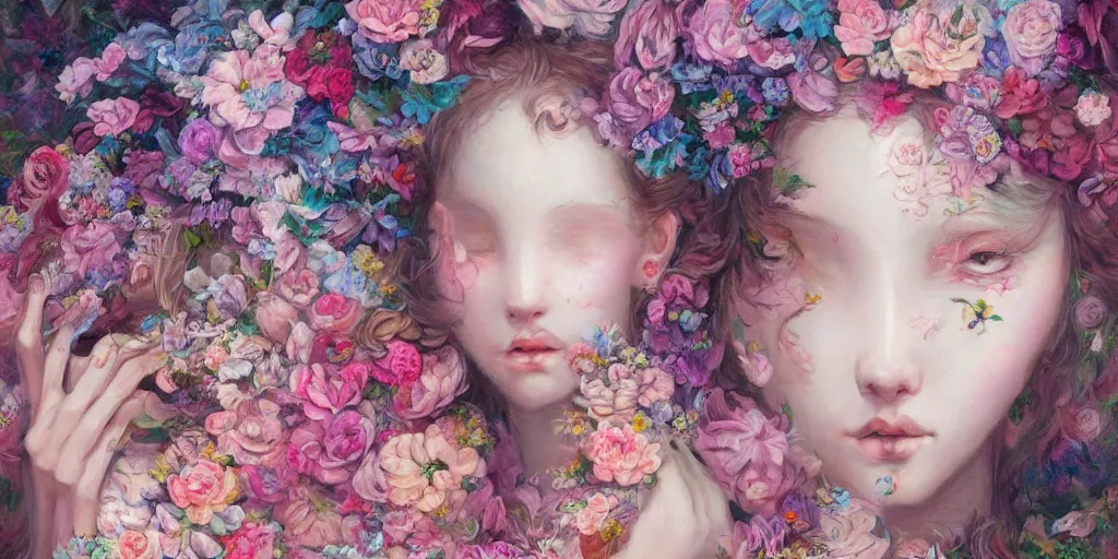 Image similar to breathtaking detailed concept art painting pattern blend of flowers and girls, by soey milk, bizarre compositions, exquisite detail, pastel colors, 8 k