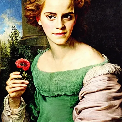 Prompt: Emma Watson wearing green tunic holding a flower. Painted by Rubens, high detail