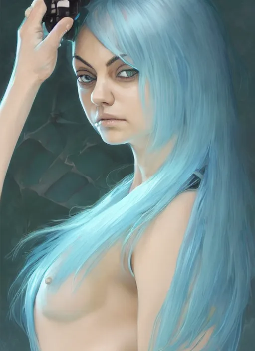 Prompt: mila kunis with a dragon back tattoo, light blue hair, rem rezero, laser lights, sharp focus, digital painting, 8 k, concept art, art by wlop, artgerm, greg rutkowski, alphonse mucha