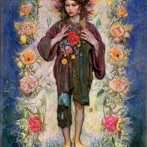 Image similar to the flower prince, by Annie Swynnerton and Annie Stegg Gerard, embroidered robes, floral tattoos, bioluminescent, elaborate costume, geometric ornament, symbolist, soft colors, dramatic lighting, smooth, sharp focus, extremely detailed