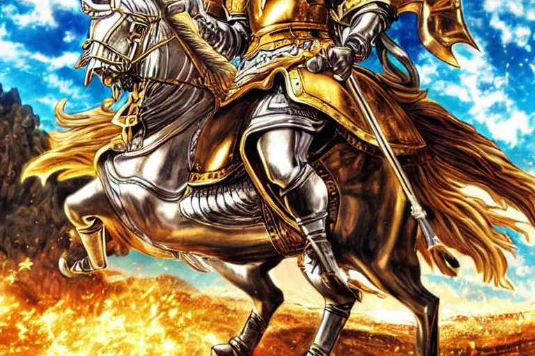 Image similar to an ultra detailed portrait of king richard the lionhearted as a shonen anime protagonist charing into battle wearing bright gold armor and riding a horse bless by god, 8 k, volumetric lighting, art by kentaro miura and akira toriyama