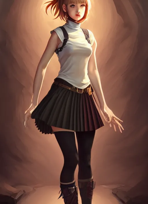 Image similar to portrait of a full body of beautiful young female detective, d & d, sleeveless turtleneck, pleated skirt, fantasy, flat lighting, intricate, highly detailed, digital painting, artstation, concept art, smooth, sharp focus, illustration, misa amane, art by simon bisley and greg rutkowski and alphonse mucha, natural tpose