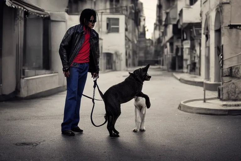 Prompt: photography of michael jackson standing up in the streets of neighborhood with a dog, dynamic lighting, cinematic, high resolution, high details, hyperrealistic