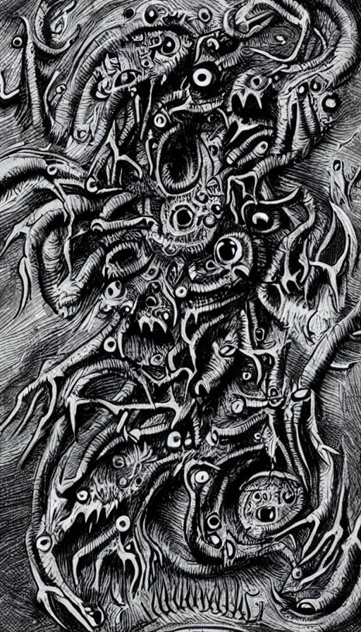 Prompt: a storm vortex made of many demonic eyes and teeth, by steve argyle