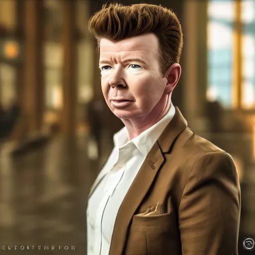 Image similar to a portrait of a Rick Astley as a captain America ,HDR, natural light, shoulder level shot, dynamic pose, award winning photograph, Mucha style, 8k,