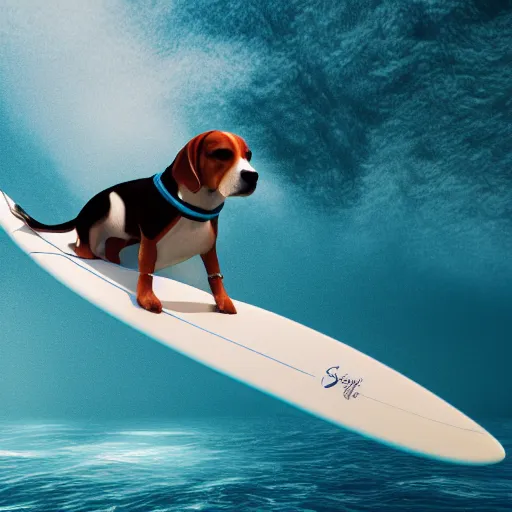 Image similar to beagle on a surfboard, surfing blue waves of an very clear water ocean off hawaii, digital art, octane render, imax, trending on artstation, dark mood