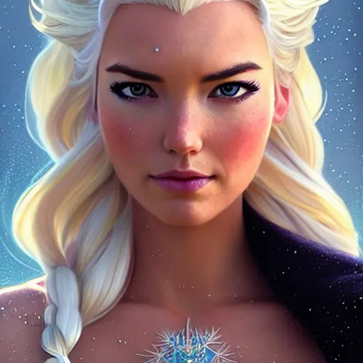 Image similar to Odette Annable with blonde hair as Elsa from Frozen, western, D&D, fantasy, intricate, elegant, highly detailed, digital painting, artstation, concept art, matte, sharp focus, illustration, art by Artgerm and Greg Rutkowski and Alphonse Mucha