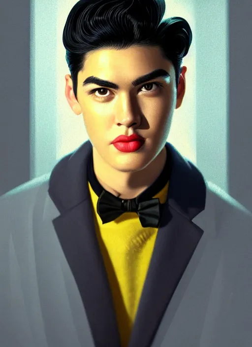 Image similar to portrait of young reggie mantle, mean smirk, egotistical, slicked back hair, striped yellow and black sweater, 1 9 5 0 s, intricate, elegant, glowing lights, highly detailed, digital painting, artstation, concept art, smooth, sharp focus, illustration, art by wlop, mars ravelo and greg rutkowski