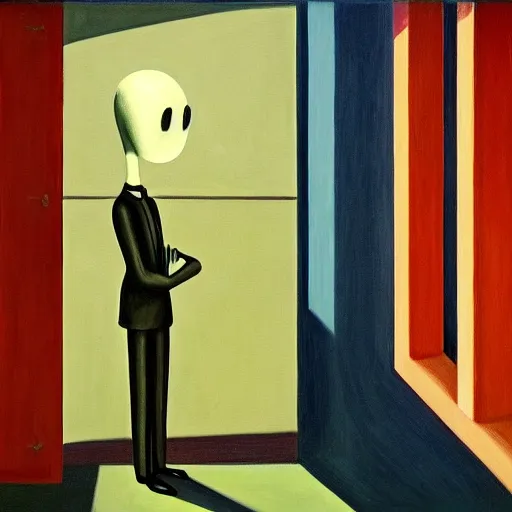 Image similar to slenderman, lurking in the shadows, mind control, dystopian, pj crook, edward hopper, oil on canvas