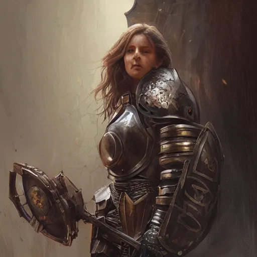 Image similar to portrait of a rugged female as a bruised knight with a shield and heavy chronos armor, fantasy, intricate, headshot, highly detailed, digital painting, artstation, concept art, sharp focus, cinematic lighting, illustration, art by artgerm and greg rutkowski, alphonse mucha, cgsociety