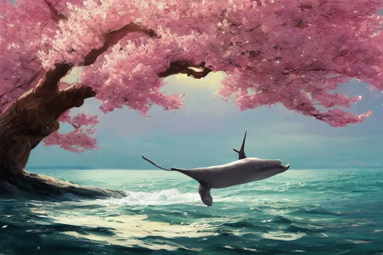 Image similar to narwhal jumping out the sea, sakura trees, sakura season dynamic lighting, landscape, artwork by jeremy lipkin and giuseppe dangelico pino and michael garmash and rob rey and greg manchess and huang guangjian and makoto shinkai, pixiv, 1 0 0 mm