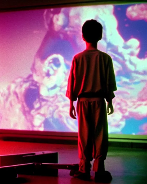 Image similar to 8k professional photo of an 8 years old enlightened and scared boy standing in front of an old computer from 90s with a game doom2 at the monitor screen in a vaporwave space, still from a movie by Gaspar Noe and James Cameron