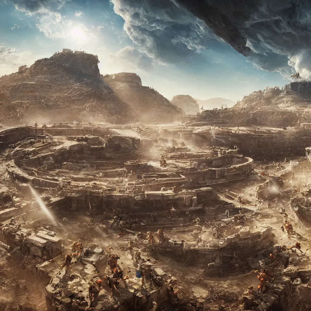 Image similar to coliseum mining tailing of chuquicamata, bioremediation, smooth, rossdraws, norman rockwell, emiliano ponzi, epic composition, hd, octane, unreal engine, volumetric lighting, light rays, masterpiece, award - winning