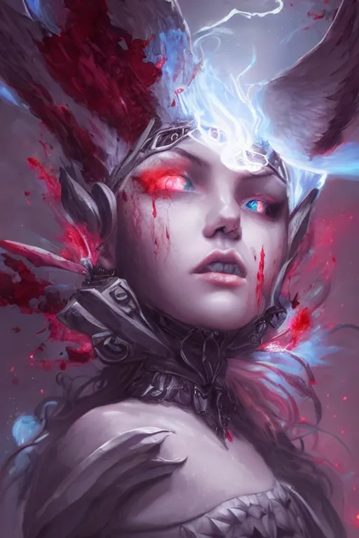 Image similar to face closeup beautiful girl necromancer covered in blood, wizard of the coast casting magic spell, angel, magic storm and thunder clouds, fantasy, magic the gathering, hyper detailed, 3 d render, hyper realistic detailed portrait, peter mohrbacher