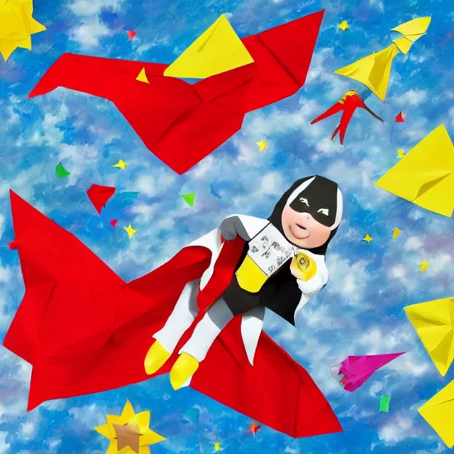 Image similar to rocket boots, superhero cape, sheet music, a piano, a parachute, confetti, origami paper, neo - impressionist, surrealism