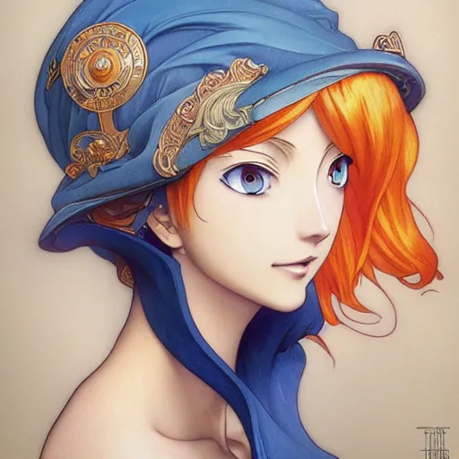 Image similar to intricately detailed vfx portrait of nami from one piece by eiichiro oda, makoto shinkai, alphonse mucha, art by artgerm and greg rutkowski, best of behance, concept art, matte, sharp focus, orange hair, elegant, adolphe bouguereau, annie leibovitz, stanley kubrick, thick outlines,