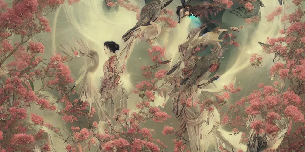 Image similar to breathtaking detailed concept art painting art deco pattern of birds goddesses amalmation flowers, by hsiao - ron cheng, bizarre compositions, exquisite detail, extremely moody lighting, 8 k