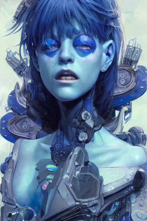 Image similar to portrait of beautiful young blue goblin, cyberpunk, Warhammer, highly detailed, artstation, illustration, art by Gustav Klimt and Range Murata and Ilya Kuvshinov and Sakimichan