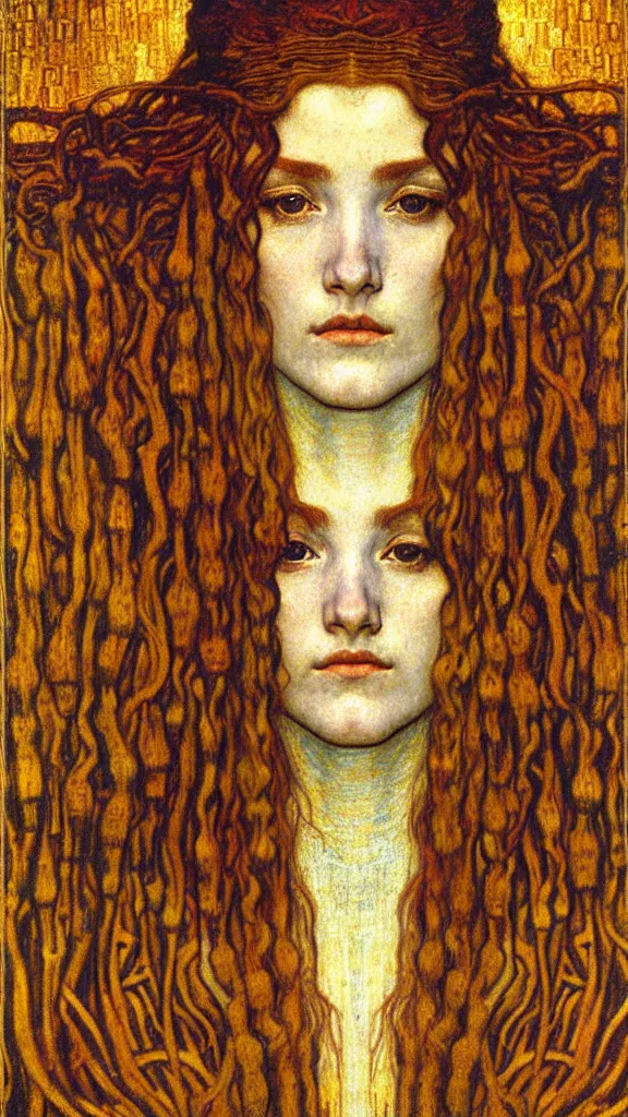 Image similar to detailed realistic beautiful young medieval queen face portrait by jean delville, gustav klimt and vincent van gogh, art nouveau, symbolist, visionary, gothic, pre - raphaelite, muted earthy colors, desaturated