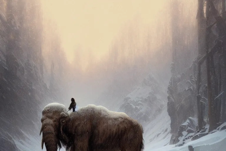 Image similar to a mammoth walking in a terrible snowstorm, luminous sky, by greg rutkowski and alphonse mucha, gradient brown to white, rocky mountains background, highly detailed landscape, digital painting, artstation, concept art, smooth, sharp focus illustration