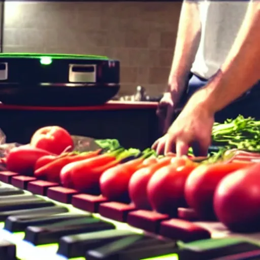 Image similar to film still of fresh produce making beats on an mpc