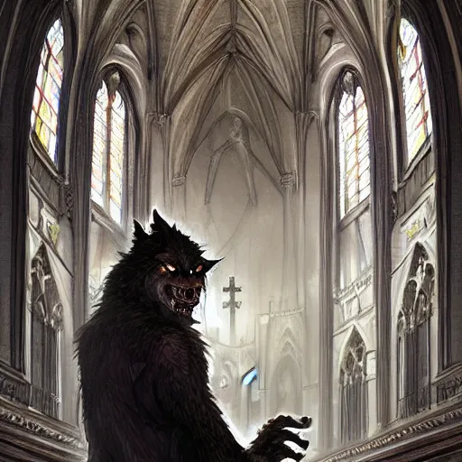 Image similar to werewolf in the city lviv church of st. elizabeth, portrait, highly detailed, full body, digital painting, trending on artstation, concept art, sharp focus, illustration, art by artgerm and greg rutkowski and magali villeneuve