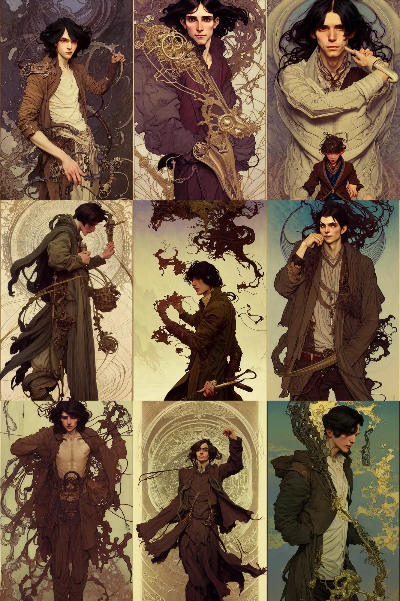 Prompt: thin young male alchemist, long dark hair, 1 9 2 0, fantasy, highly detailed, intricate, smooth, art by joseph leyendecker, peter mohrbacher, ruan jia, marc simonetti, ayami kojima, cedric peyravernay, alphonse mucha, victo ngai